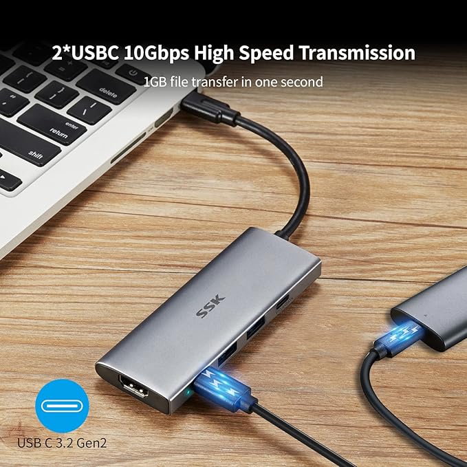 SSK 100W USB-C HUB USB3.2 Gen 2 10Gbps 5 in 1 Type C Multiport Adapter with 4K HDMI 2 USB C with 1 PD Powered 2 USB A 3.2 Gen2 Ports SuperSpeed USB Dock for Laptop MacBook Pro Air Dell Hp Lenovo