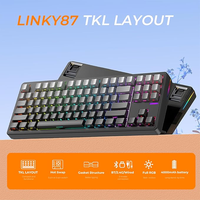 Linky 87 PRO Wireless Mechanical KeyboardTri-Mode BT5.0/2.4GHz/USB-C Hot Swappable Custom Keyboard Linear SwitchesRGB Backlit Computer Gaming Keyboards for PC/Tablet/PS/Xbox(PRO Black)