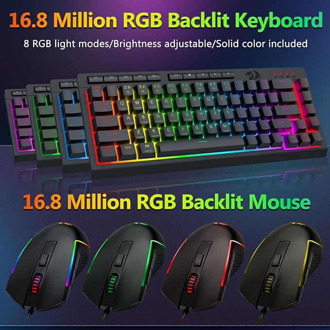 Redragon Wired Gaming Keyboard and Mouse Combo RGB Backlit 60% Mini Macro Membrane Keyboard with Anti-Ghosting &amp Multimedia Keys + 8000 DPI Programmable Optical Mice for PC Laptop