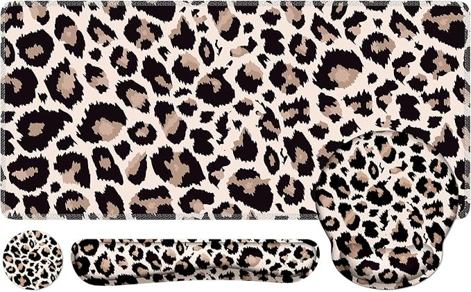 iLeadon Mouse Pad Set Desk Mat + Mouse Pad with Wrist Rest + Keyboard Wrist Rest + Coaster 4in1 Leopard Mouse and Keyboard Pad Set for Home Office Classic Leopard