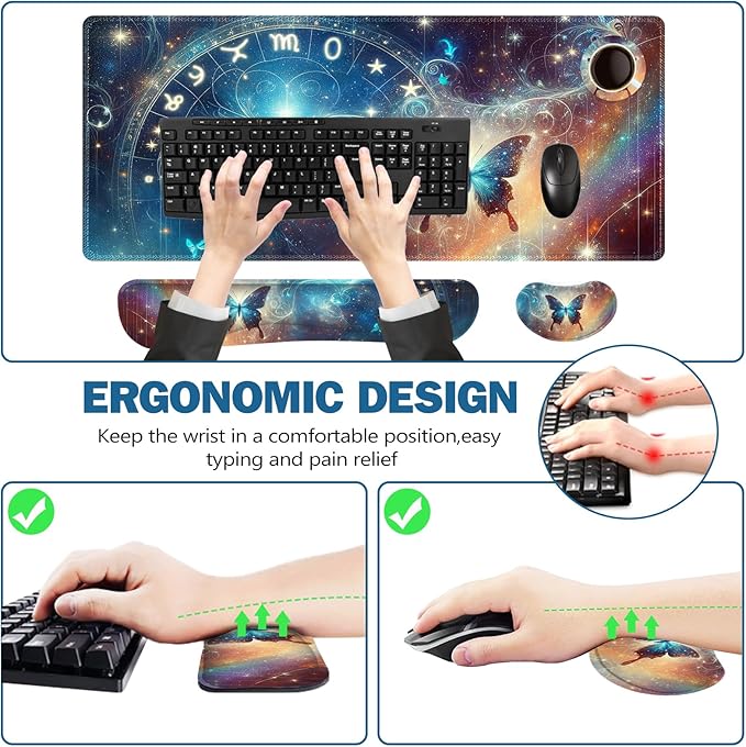 ToLuLu Large Mouse Pad Desk Pad Set Wrist Rest Support Desk Mat for Keyboard and Mouse 4PCS 35.4”x15.7 XXL Giant Mouse Pad Non-Slip Base Stitched Edges Mousepad Home Office Glittering Butterfly