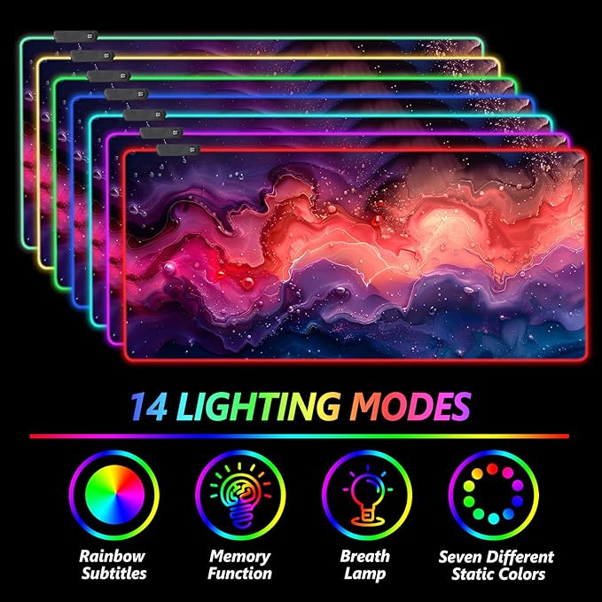 AIMSA Extra Large RGB Gaming Mouse Pad with 14 Light Modes Extended LED Mouse Pad Anti-Slip Rubber Base Computer Keyboard Mousepad Mat Abstract Purple Marble