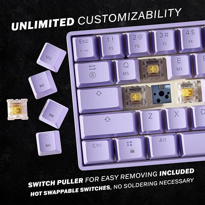 HK GAMING GK61 Mechanical Gaming Keyboard - 61 Keys Multi Color RGB Illuminated LED Backlit Wired Programmable for PC/Mac Gamer (Gateron Optical Blue Lavender)