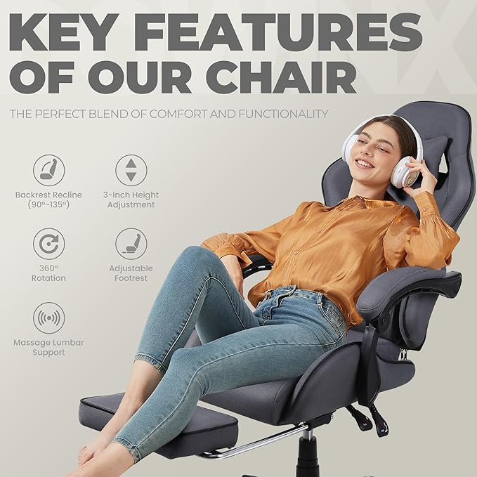 Dowinx Gaming Chair Fabric with Pocket Spring Cushion Massage Game Chair Cloth with Headrest Ergonomic Computer Chair with Footrest 290LBS Grey