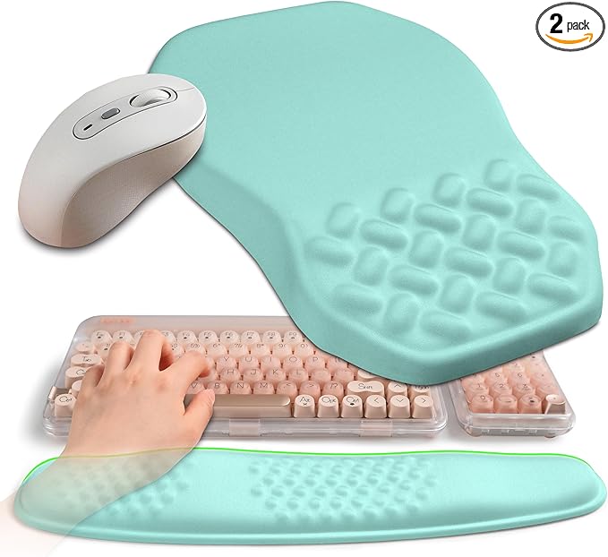 2-in-1 Ergonomic Set Wave Keyboard Wrist Rest and Massage Slope Mouse Pad Wrist Support Rebound Memory Foam for Relieve Carpal Tunnel Syndrome and Wrist Pain (Light Blue)