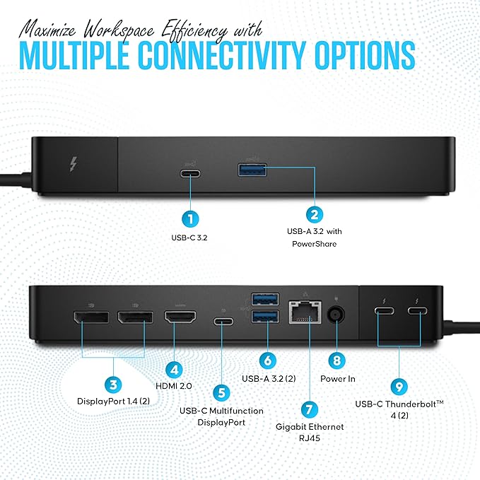 WD22TB4 Dell Thunderbolt 4 Dock 40Gbps USB-C/USB-A 1 Year Warranty - Docking Station with 180W HDMI DisplayPort Cables &amp Cleaning Cloth – Supports Dual/Triple Monitors &amp 4K Displays