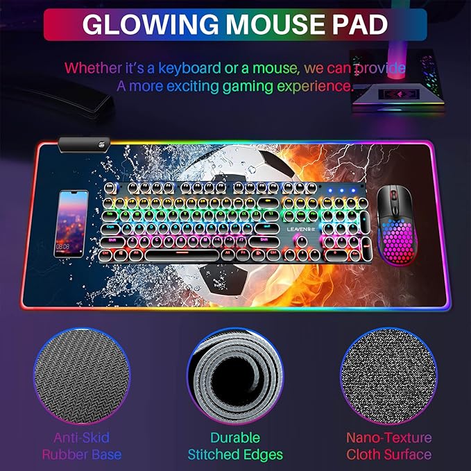 XL RGB Gaming Mouse Pad with 14 Light Modes - Light Up Gamer Mouse Pad31.5 x 11.8in Non-Slip Soccer Style Fire&ampWater Led Large Gamer MousepadBlack Long Glowing Gaming Accessories for DeskWaterp