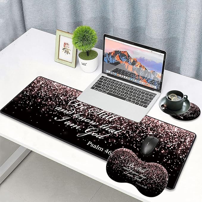 3 Piece Mouse Pad Set with Stitched Edge Large Anti-Slip Mouse Pad Desk Pad Keyboard Pad + Wrist Rest Pad + Coaster Memory Foam Wrist Rest for Office/Home - Rose Gold Glitter Black Psalm46:10