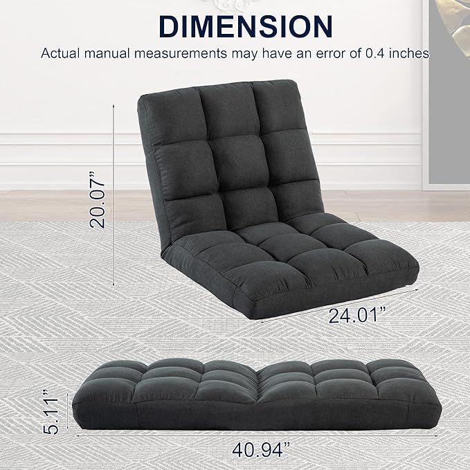 Floor Chair 24 inches Wide Oversized Velvet Armless Lay Flat Floor seat Padded Meditation Chair with 6 Adjustable Position Ergonomic Comfortable Convenient(LRSF-002-GREY)