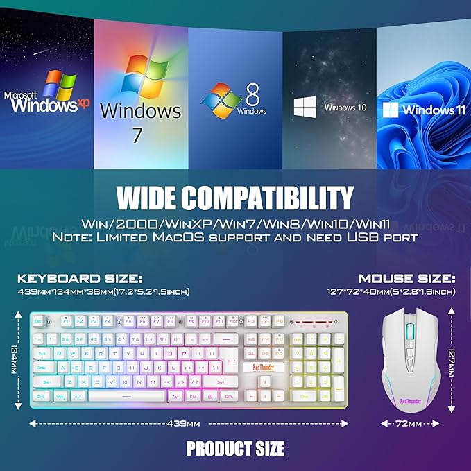 RedThunder K10 Wireless Gaming Keyboard and Mouse Combo LED Backlit Rechargeable 3800mAh Battery Mechanical Feel Anti-ghosting Keyboard + 7D 3200DPI Mice for PC Gamer (White)