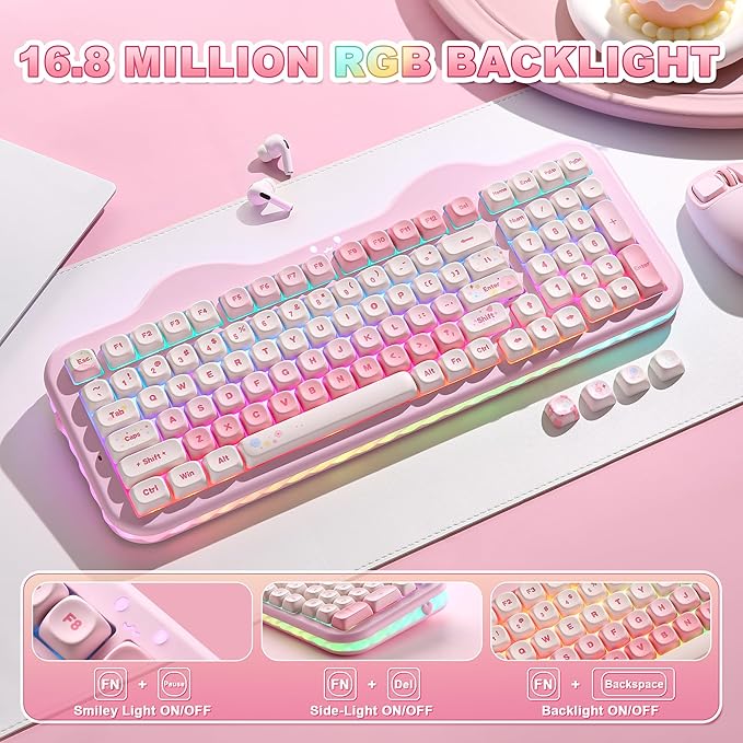 YUNZII C98 Wireless Mechanical Keyboard with Number Pad99 Key BT5.0/2.4G/USB-C Hot Swap Gasket Mount with PBT MOA KeycapsCustom RGBCute Cake Keyboard for Win/Mac (Pink Candy Linear Switch)