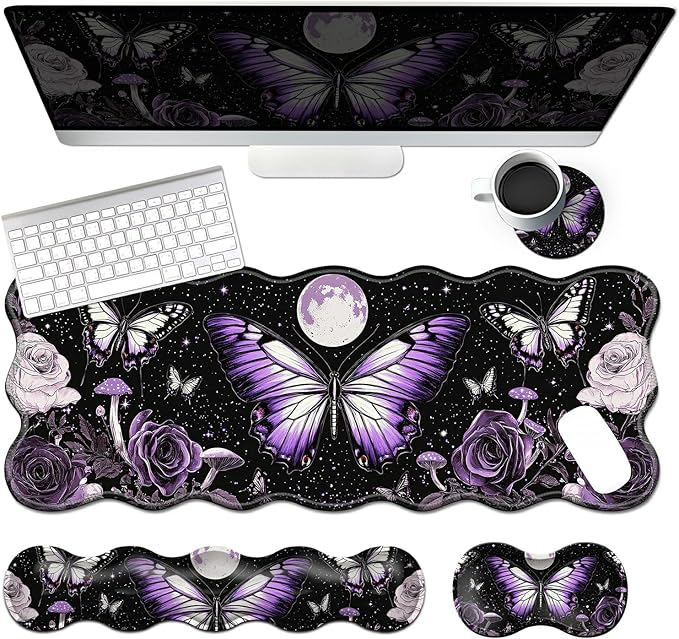 4-Piece XXL Gaming Mouse Pad Set (31.5x11.8) with Keyboard Wrist Rest Mouse Wrist Support &amp CoasterErgonomic Non-Slip Desk Mat for Office &amp HomePurple Butterfly Flower