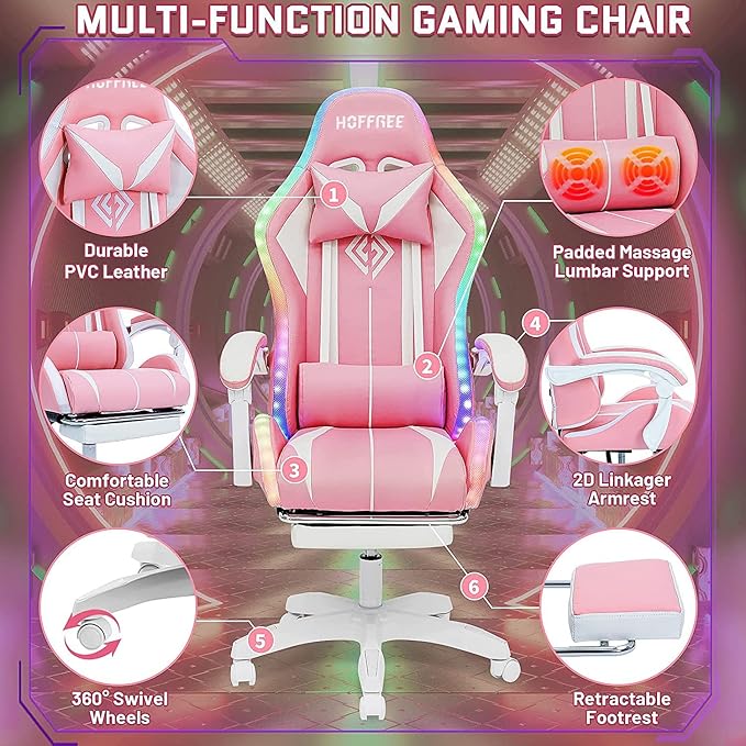HOFFREE Pink Gaming Chair with Bluetooth Speakers and LED RGB Lights Cute Ergonomic Massage Computer Gaming Chair with Footrest High Back Video Game Chair with Lumbar Support Pink and White