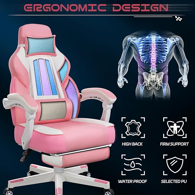 Meilocar Gaming Chair with Footrest Video Game Chair for Adults Ergonomic Big and Tall Computer Chairs with Massage Lumbar Support 330lbs 360° Swivel Seat (Pink)