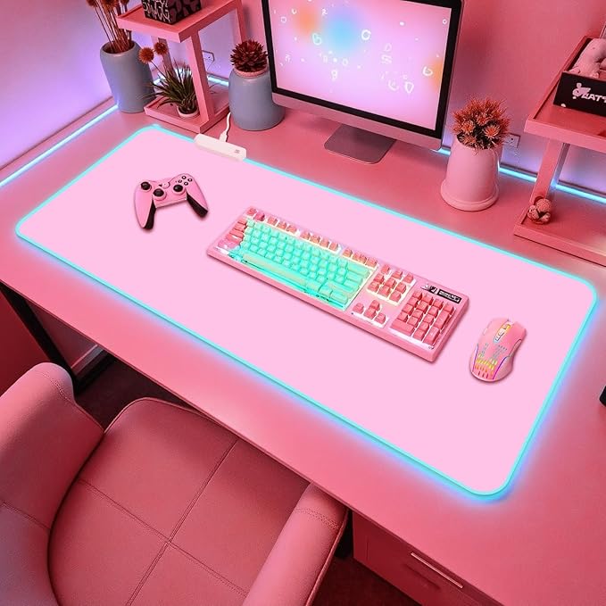 Pink RGB Gaming Mouse Pad I Large Mousepad with 14 Led Light Modes I Keyboard Pad Gaming Desk Mat I Non-Slip Rubber Base Big Mouse Mat for Gamer I 900x400x4mm Waterproof Mousepad for Game PC MacBook