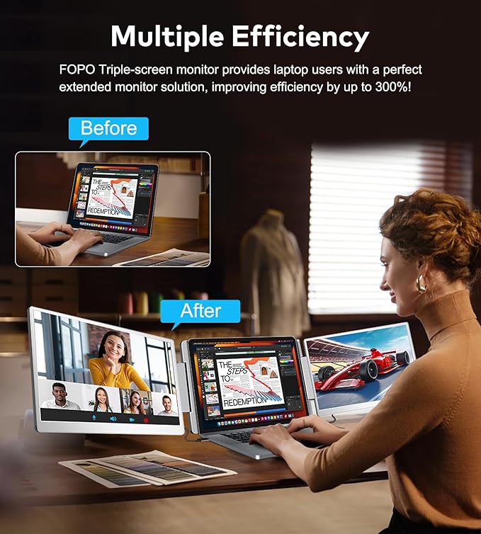 FOPO Laptop Screen Extender 16- 1200P 16:10 FHD Triple Monitor for 12~18.5 Portable Monitor for Laptop with HDMI and USB-C Connectivity for MacBooks(NOT M1 M2 M3)/Wins Chrome Surface