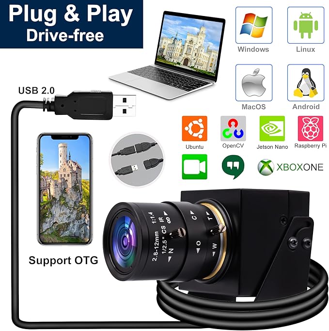 SVPRO USB Camera 1080P Full HD Webcam 2MP Machine Vision Industrial Camera 2.8-12mm Varifocal Lens Manual Focus Webcam 100fps/60fps/30fps for WindowsMacLinuxAndroid