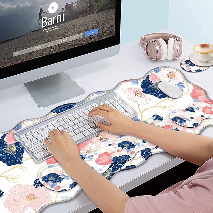 Bxgolkgd Desk Mat SetMouse Pad with Keyboard Wrist Rest &amp Mouse Wrist RestWave-Shaped DesignNon-Slip Rubber BaseErgonomic Desk Mat for HomeOfficeGamingAbstract Flowers
