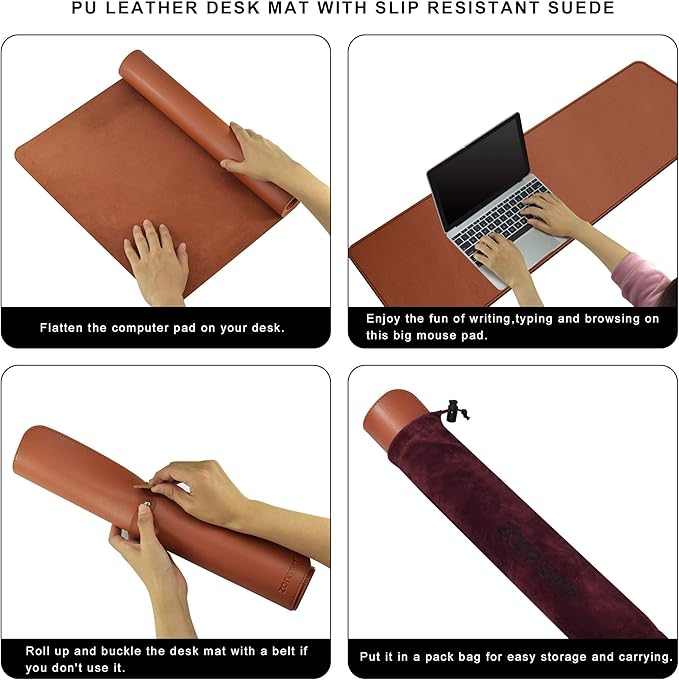 ZORESYN Waterproof PU Leather Desk Pad (63.0x15.8) - Office Desk Mat for Keyboard and Mouse - Light Brown Extended Mouse Pad with Nonslip Base for Home &amp Office