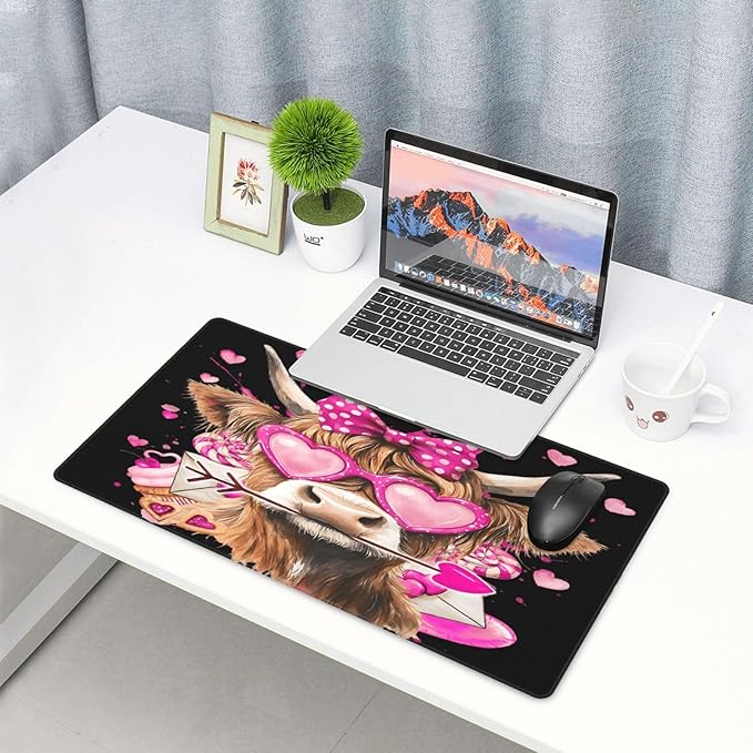 Cute Highland Cow with Bow Heart Glasses Mouse Pad Non Slip Large Desk Keyboard Mat Gaming Protection Pad 16X29.5 Inch