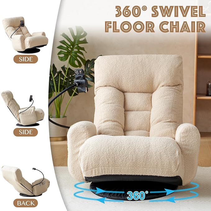 Floor Chair with Back Support Swivel Gaming Chair with 5 Adjustable Position Meditation Chair with Phone Holder Teddy Indoor Lounge Chair for Lazy Boys Living Room Bedroom Lounge Beige