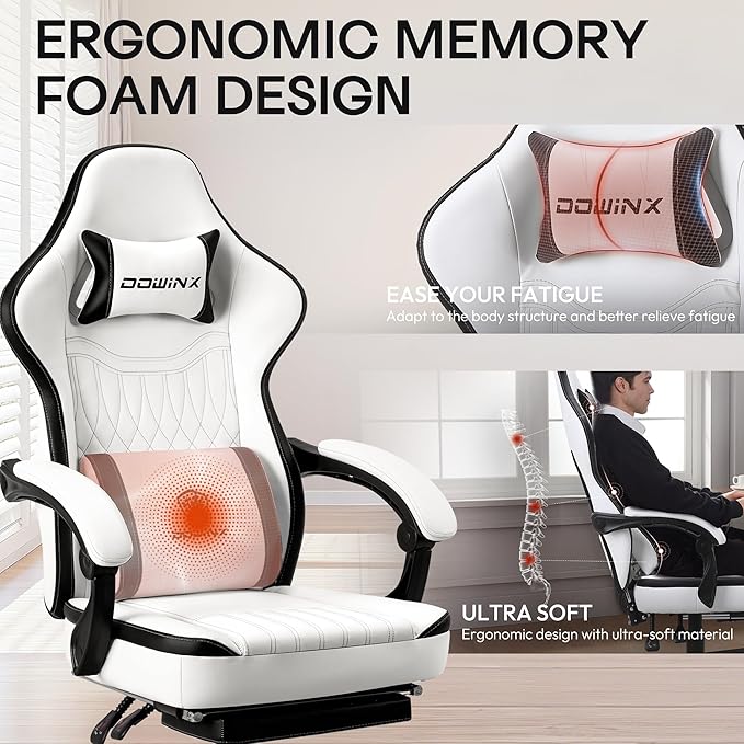 Dowinx Gaming Chair Breathable PU Leather Gamer Chair with Footrest Massage Lumbar Support Big and Tall Ergonomic Reclining Computer Chair with Pocket Spring Cushion for Adults Teens (Black&ampWhite