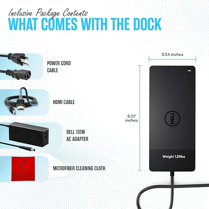 WD19 Dell Dock Station USB C - Docking Station Dual Monitor with 130W HDMI Cable Dual DisplayPort &amp Microfiber Cleaning Cloth - Laptop Docking Station (Renewed)