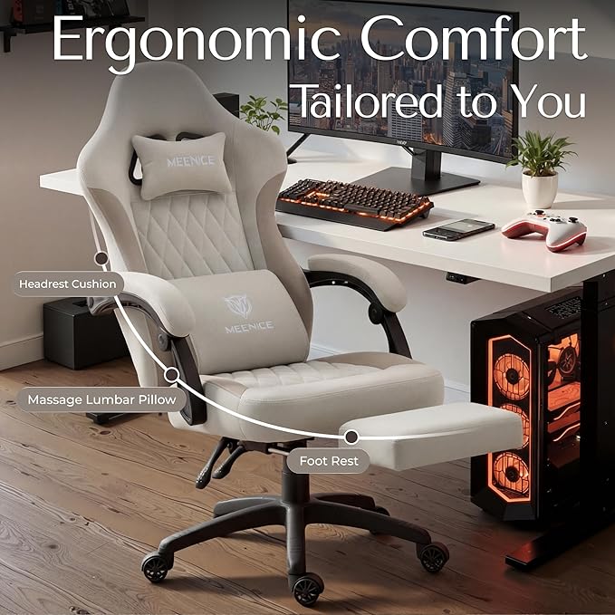 Gaming Chair Fabric with Pocket Spring Custion Ergonomic High Back Video Game Chair with Footrest Massage Lumbar Support Height Adjustable Comfy Computer Chair for Adults Game Beige White