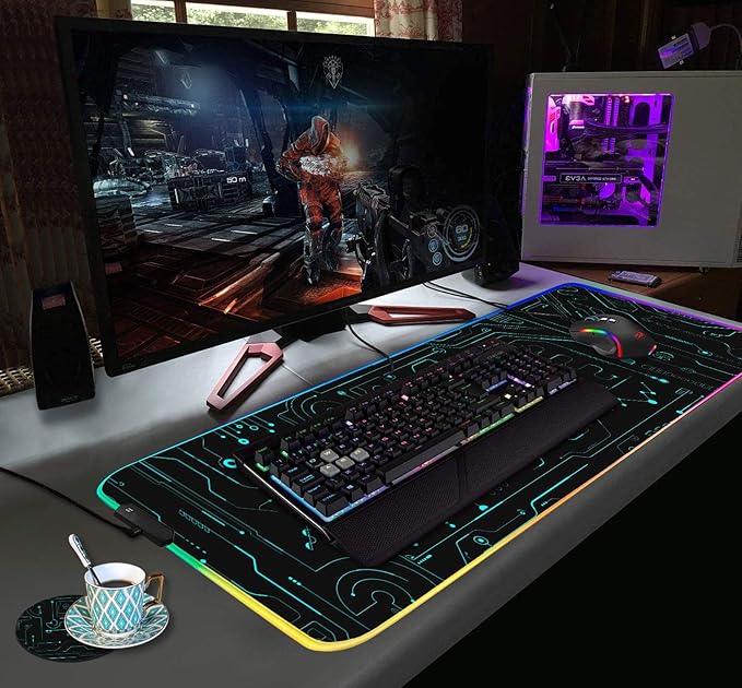 RGB Gaming Mouse Pad with Coffee Coaster XXL Large Glowing LED Mousepad Anti-Slip Rubber Base Computer Keyboard Desk Mouse Mat 31.5 X 11.8 Inch - Circuit Board Pattern