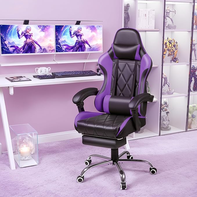 Shahoo Gaming Chair with Footrest and Massage Lumbar Support Ergonomic Office Computer Seat Height Adjustable with Headrest Purple