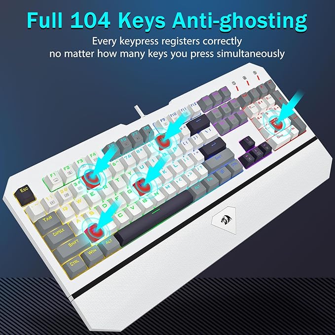 Redragon Mechanical Gaming Keyboard Wired Light Up Backlit Linear Switches 104 Keys Anti-Ghosting Big Wrist Rest Metal Frame Durable Keycaps for Computer PC Mac Xbox Gamers