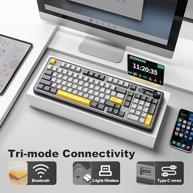 AJAZZ AK980 Wireless Keyboard with Smart Display &amp Knob98% Mechanical Keyboard Tri-Mode BT/2.4G/USB-C Hot Swappable PBT Keycaps with RGB Light for Win &amp Mac(BlackMurad Switch)