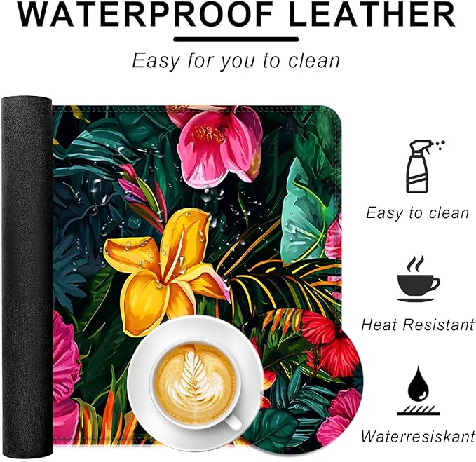 Large Keyboard Mouse Pad Set Extended Mouse Pad+Keyboard Wrist Rest Support Memory Foam Ergonomic Easy Typing 4Pcs (31.5×11.8 in) Desk Pad Set for Office HomeVibrant Tropical Flower