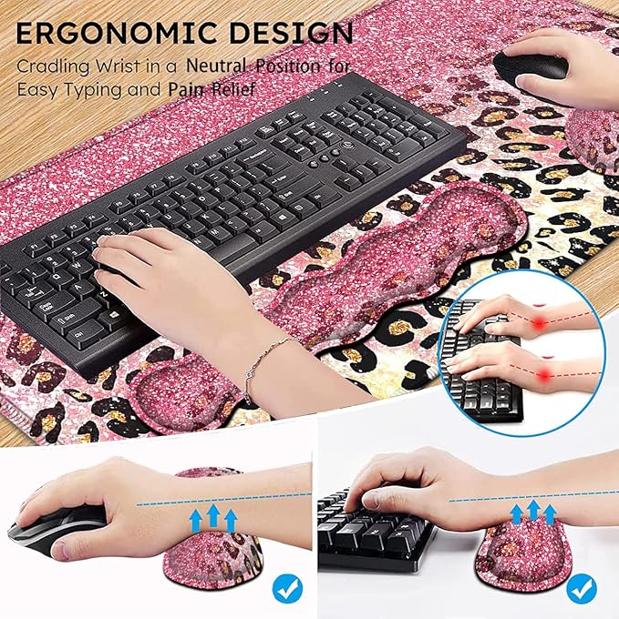 Memory Foam Keyboard Wrist Rest Support + Large Gaming Mouse Pad + Ergonomic Mouse Wrist Support Set Extended Desk Pad with Stitched Edges 31.5×11.8 Pink Leopard Glitter Mousepad Desk Mat