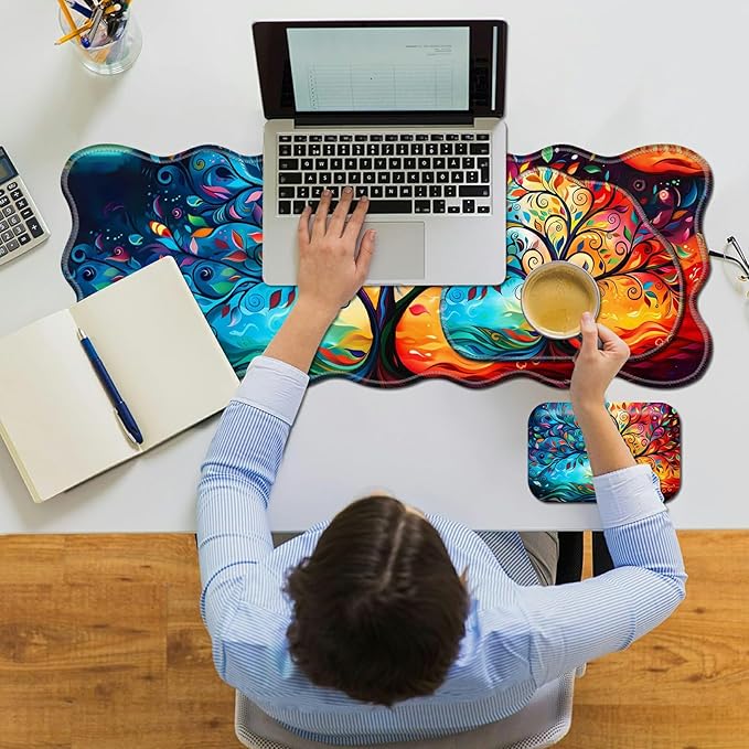 3-Piece Ergonomic Desk Mat &amp Cloud Wrist Rest Set Large 31.5 x 11.8 Wave Office Desk Pad with Memory Foam Support Non-Slip Computer Protector for Home Gaming &amp Writing Blue Red Trees