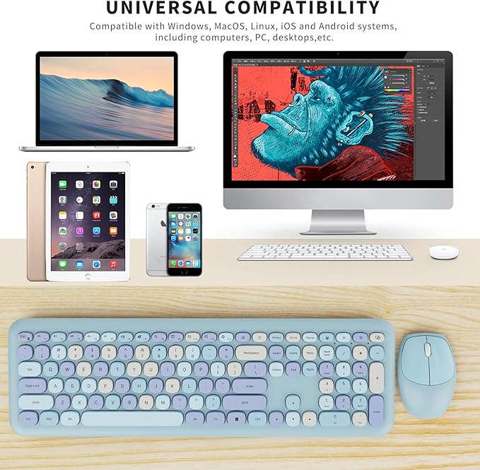 Wireless Keyboard and Mouse Combo Colorful Ergonomic Full Size Retro Low-Noise Keyboard with Cute keycaps Compatible with Windows PC Perfer for Home and Office Keyboards (Blue)