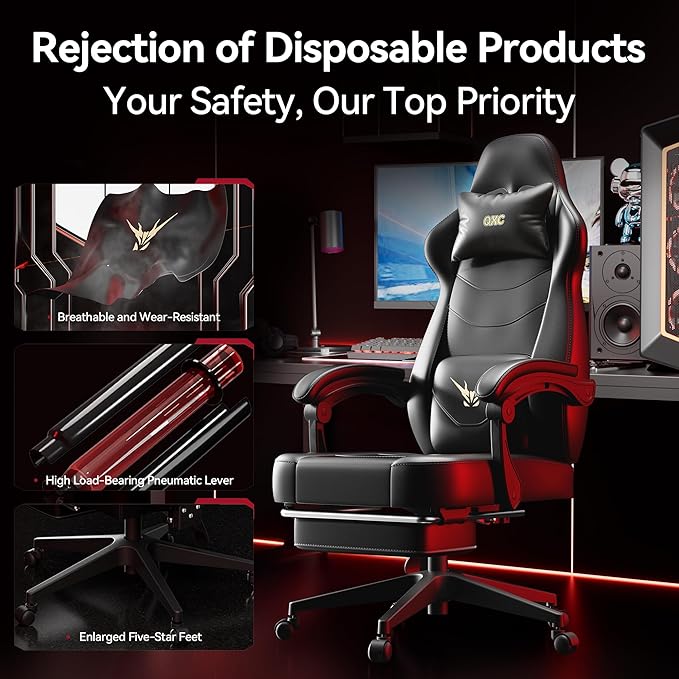 Gaming Chair Ergonomic Computer Chair with Lumbar Massage &amp Heat Video Game Chair with Silent Casters 3D Adjustable Backrest Thickened Seat PU Leather Hidden Footrest (63-77in)