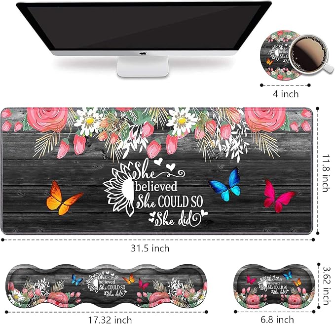 Ergonomic Keyboard Wrist Rest and Mouse Pad Wrist Rest Set Large XXL Gaming Desk Mat 31.5x 11.8Non-Slip Base Memory FoamEasy Typing Pain Relief Floral Quote She Believed She Could So She Did