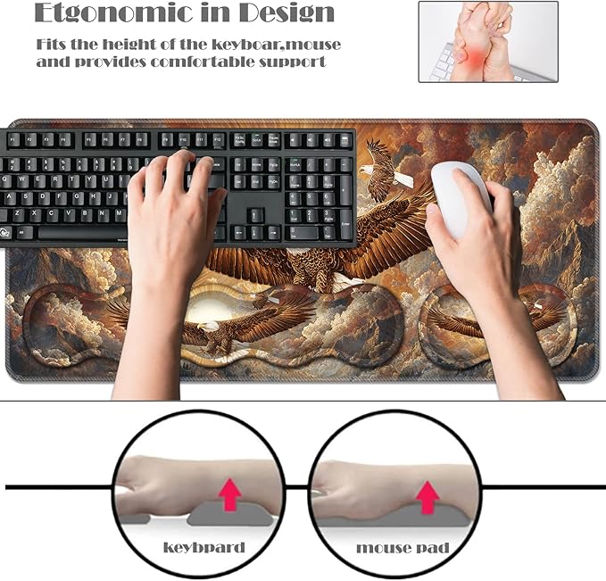 Ergonomic Keyboard Wrist Rest &amp Mouse Pad Wrist Rest SetXL Gaming Desk Mat 31.5x 11.8Non-Slip BaseMemory FoamEasy Typing Pain Relief for Office &amp HomeEagles Soaring at Sunset