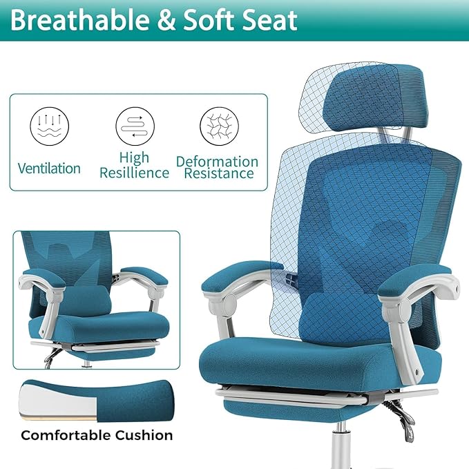 Ergonomic Desk Chair High Back Office Chair with Wheels and Arms Computer Chair with Footrest Swivel Reclining Gaming Chair with Headrest Comfy Armrest for Home Office Work Study Blue