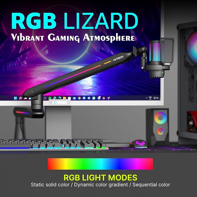 IXTECH RGB Low Profile Boom Arm for Mic Adjustable Microphone Arm Stand with Desk Mount Clamp Rotatable Microphone Boom Arm Mic Stand with Cable Management for Podcast Streaming Gaming Studio.