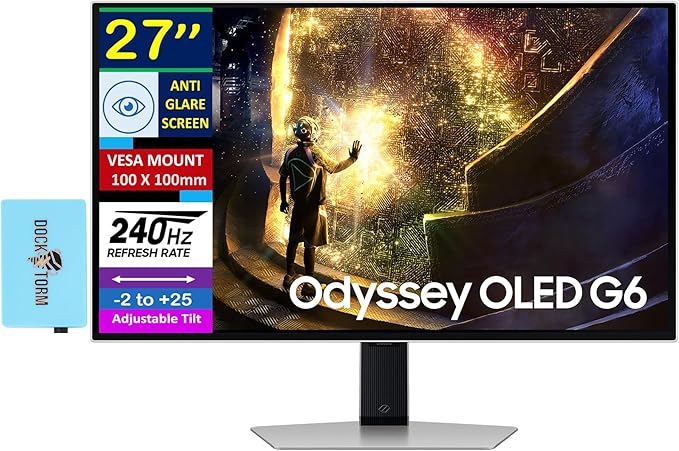 Samsung 27 Odyssey OLED G6 QHD 240Hz 0.03ms FreeSync Premium Pro Gaming Monitor Flicker Free VESA Mount (100mm) HDMI &amp Dockztorm USB Port Expander Silver (LS27DG612SNXZA - 2026 Latest Model)