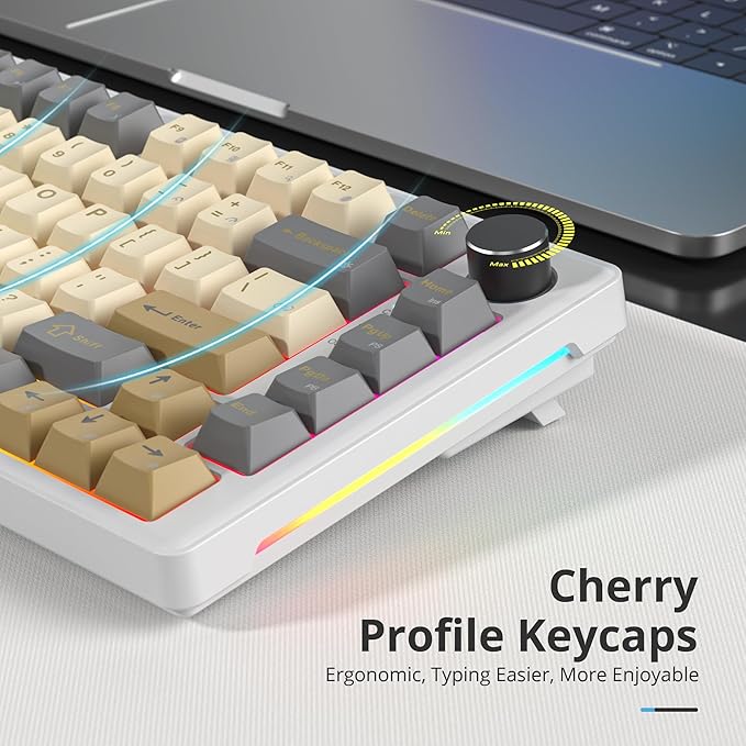 75% Retro Mechanical Keyboard Gasket with Knob Custom Wired Creamy Gaming Keyboard TKL 75 Percent Hot Swappable RGB Backlit Pre-lubed Switch for Win/MAC PC Laptop（Shimmer/White Switch）