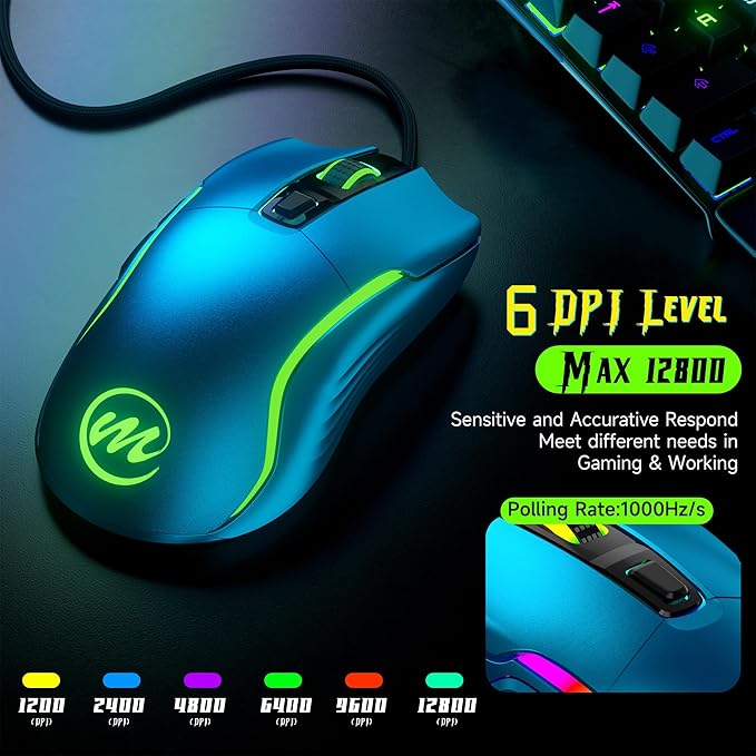 memzuoix Wired Gaming Mouse with RGB - 6 Adjustable DPI up to 12800 6 Buttons 12 Lighting Modes Ergonomic Design with Anti-Slip Rubber Wheel 5.6ft Braided Cable for PC/Mac/Windows - Blue