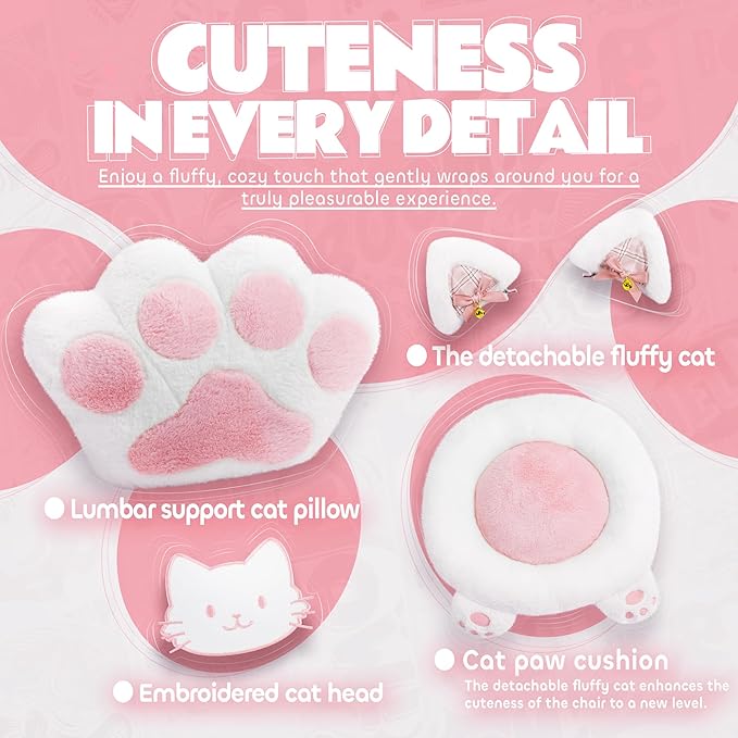Pink Gaming Chair Cute with Cat Ears Paw Lumbar and CushionErgonomic Computer Chair with FootrestReclining PC Game Chair for Girl Computer Chair 300lbs for Adult