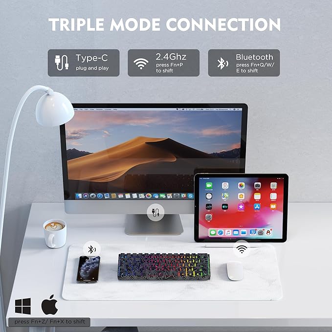 HITIME 60% Percent Keyboard Topographic Theme Keyboard XVX M61 Pro Bluetooth/2.4GHz/USB-C Wireless Mechanical Gaming Key Board Hot Swappable Creamy Pre-lubed Switch RGB