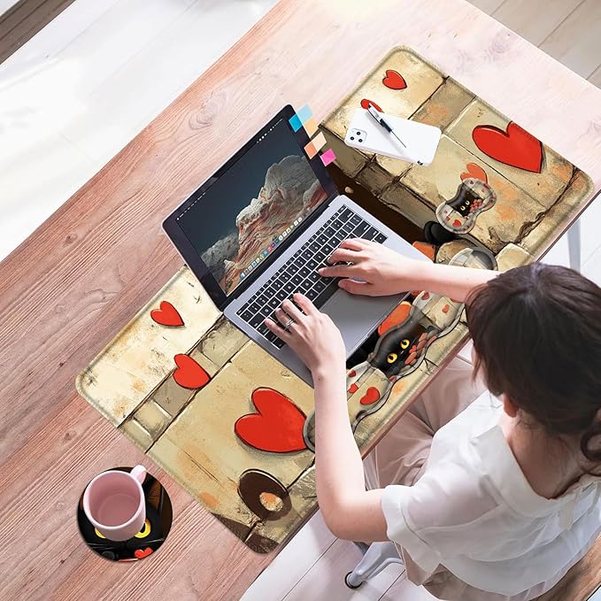 Mouse PadLarge Desk Mat Set 4in1 XL Mousepad + Keyboard Wrist Rest+Mouse Wrist Rest+Coaster with Ergonomic Desk Pad for Home Office Table Computer Cover -Cute Cat with Red Hearts
