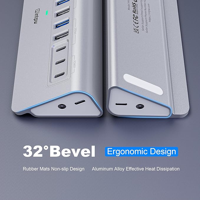 Powered USB Hub intpw 12 Port USB C Hub with 10Gbps USB C 3.2+2 USB A 3.2 7 USB 3.0 2 PD 45W Charging Port 65W Power Adapter + 3.3FT Cable Aluminum USB Hub for Laptop/iPhone 17/16/PC