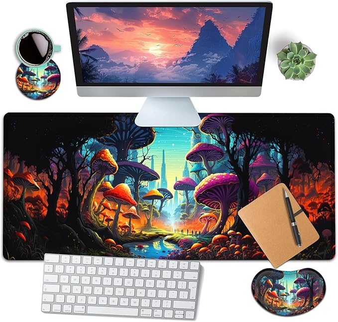 Large Mouse Pad with Mouse Wrist Rest 31.5x11.8 in Extended Mouse Mat with Non-Slip PU Base Ergonomic Memory Foam Wrist Rest for Work &amp Gaming Writing Pad Colorful Mushroom Forest Office Desk
