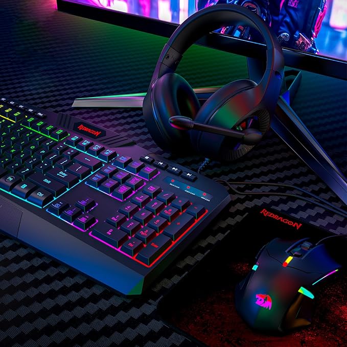 Redragon S101-3 Wired RGB Backlit Gaming Keyboard and Mouse Combo Programmable Keyboard and Mouse (800-7200DPI) Gaming Headset Mouse Pad Combo All in 1 PC Gamer Bundle for Windows PC (Black)